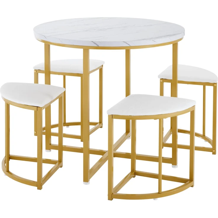 Runder Esstisch 80 cm mit 4 Samtstühlen, MDF Tischplatte weiß, Essgruppe mit vergoldetem Metallrahmen für Küche & Esszimmer – Bild 4