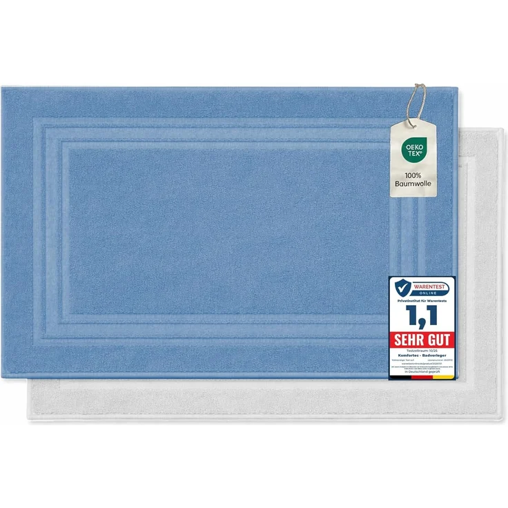 Komfortec Badematte Badvorleger aus 100% Baumwolle, Waschbar Duschmatte, Frottee, Rechteckig, 600 g/m², 2er Set, Saugfähig & Schnelltrocknend