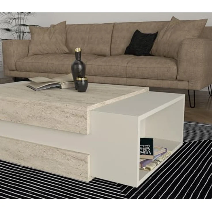 moebel17 Couchtisch Nora, Beige, Holzwerkstoff, Granitoptik, Rechteckig, 110x57x31 cm, mit 2 Regalfächern für zusätzlichen Stauraum – Bild 5