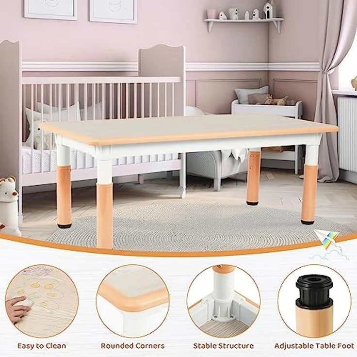 Clevich Kindertisch mit 6 Stühlen,Kinder Tisch Stuhl Set für Kindergarten und Kinderzimmer,Kindertischgruppe Höhenverstellbar,Plastik Kindermöbel,Sitzgruppe für Jungen Mädchen,Gelb – Bild 6