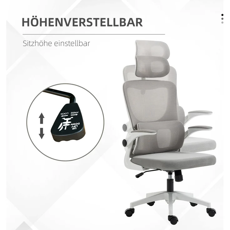 Bürostuhl ergonomisch höhenverstellbar Schreibtischstuhl mit Armlehnen, Kopfkissen, Wippfunktion und Lendenstütze, Mesh Grau für optimalen Komfort--Grau--60x59x122cm--YOUDENOVA – Bild 4