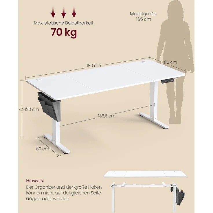 SONGMICS Höhenverstellbarer Schreibtisch elektrisch, 180x80 cm, Verstellbarer Tisch, Memory-Funktion für 4 Höhen, für Büro, wolkenweiß LSD138W01 – Bild 3