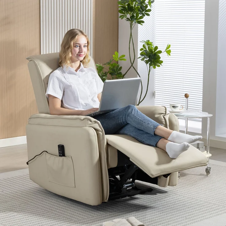 Wohnora-Elektrischer Massagesessel, Kunstlederbezug, Fußstütze, Seitentasche, Beige,H 1020cm x T 920cm x B 860cm – Bild 2
