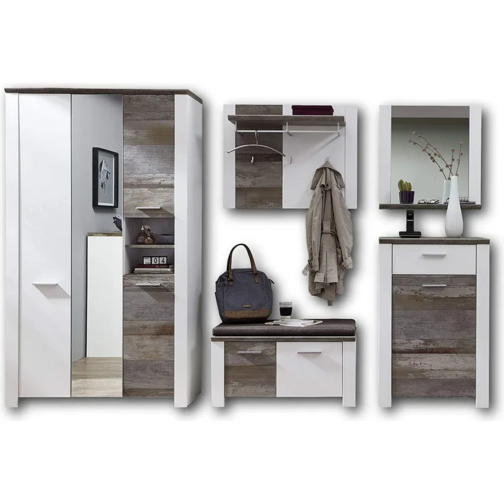 Garderobe Set MATEO2 5-tlg Schrank Paneel Spiegel Kommode Bank weiß Driftwood