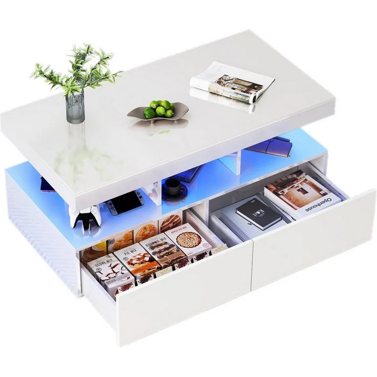 FUROKOY Couchtisch Modern Wohnzimmertisch Hochglanz (Set, 1-St, Beistelltisch mit Versteckter Stauraum und 2 Schubladen), Sofatisch Kaffeetisch, 78 x 78 x 43cm, Weiß – Bild 5