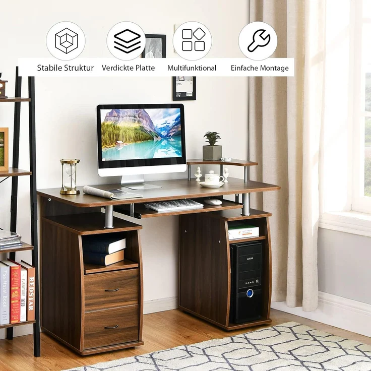 COSTWAY Computertisch Schreibtisch Buerotisch Arbeitstisch PC-Tisch mit Tastaturauszug Druckerablage Schubladen Walnuss – Bild 5