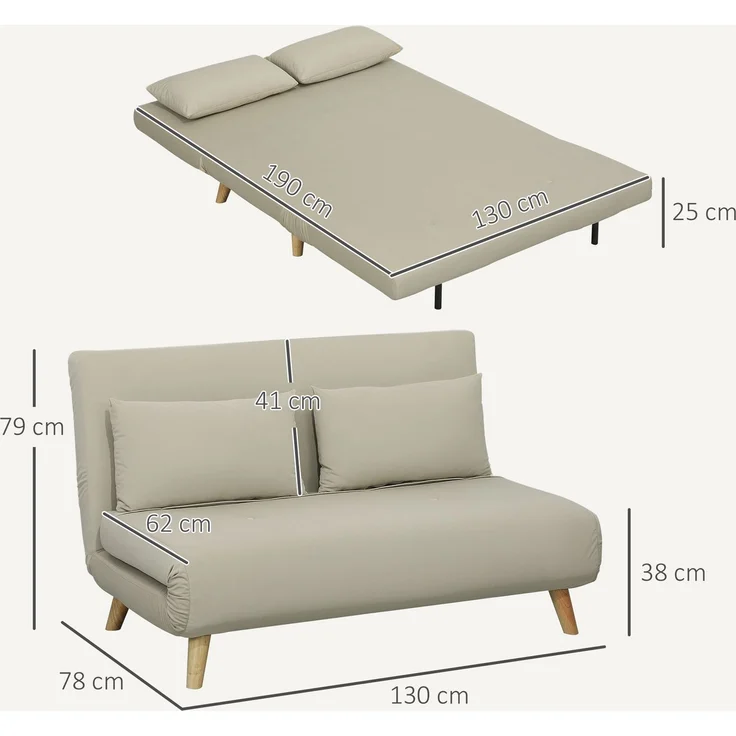 HOMCOM 2-Sitzer Sofa mit Bettfunktion, verstellbare Rückenlehne, bis 250 kg belastbar, Beige, 130 x 78 x 79 cm – Bild 3
