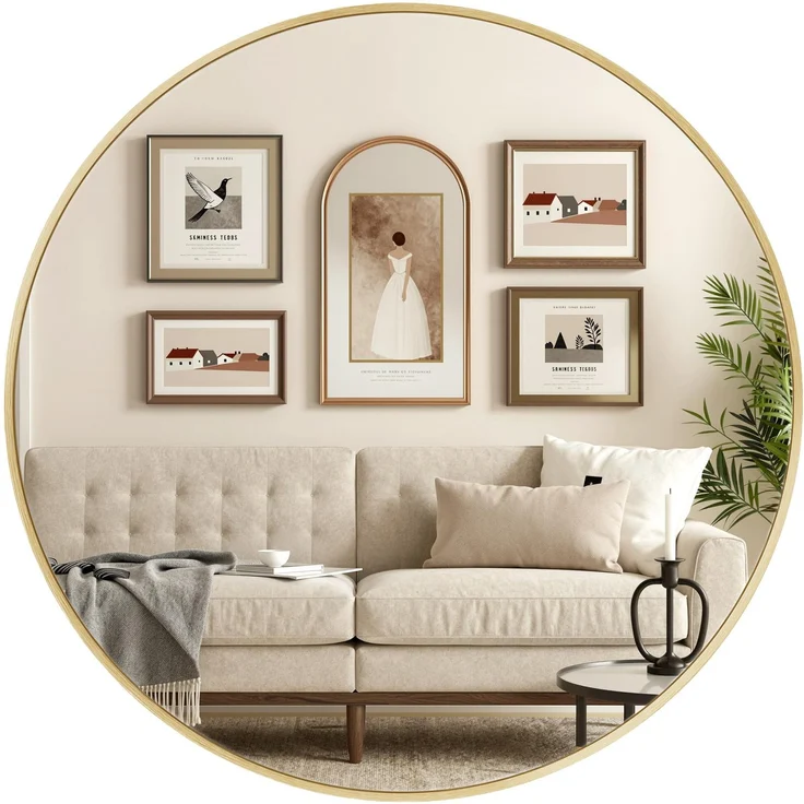 SONGMICS 50 cm d Spiegel rund, runder Spiegel, Wandspiegel, Metallrahmen, einfache Montage, modern, für Bad, Wohnzimmer, Schlafzimmer, Flur, Eingangsbereich, metallisches Gold LWM101AB01
