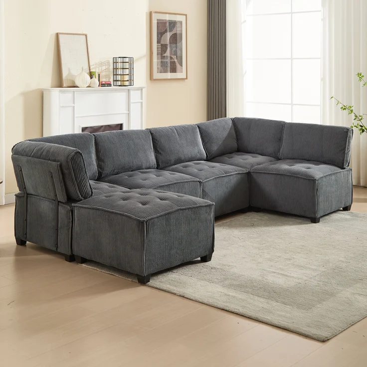 Modulares 6-Sitzer Cord-Sofa, grau, frei kombinierbar, 308x154x82 cm – Bild 2