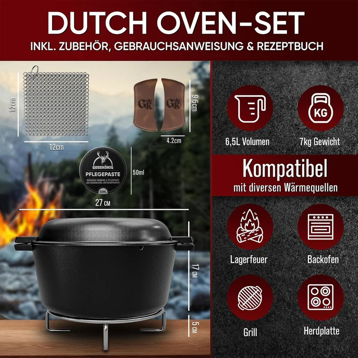 GUSSKÖNIG Dutch Oven 2in1 Topf Set 6,5L + Pflegepaste – Bild 2