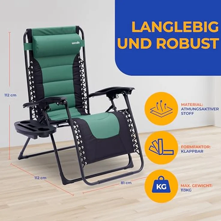 SereneLife Gartenliege, Liegestuhl, Sonnenliege klappbar mit Stufenlos verstellbare Positionen, Kopfstütze & Getränk & Handyhalter, Liegestuhl Garten, Relaxliege aus rostfrei Stahlramen, Grün – Bild 4