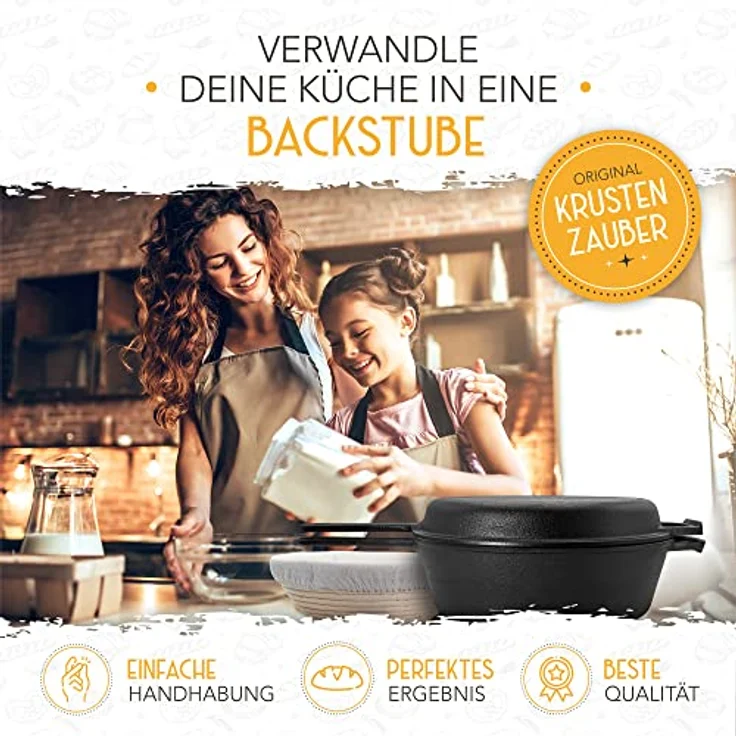 Krustenzauber Brotbackform 26cm Gusseisen Topf Brot Backen inkl. Gärkorb, (Robuster Brottopf mit Deckel - Idealer Brotbacktopf), Brotbackset Gusseisentopf Brotbacken, Brot Backen Zubehör, Brotform – Bild 3