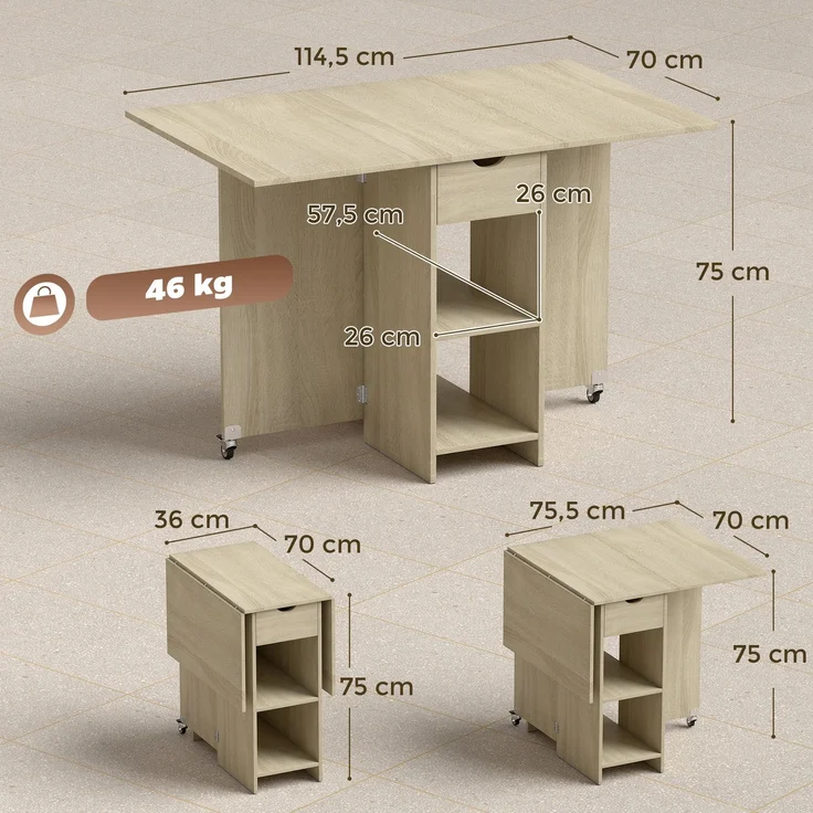 Wohnora-Klappbarer Esstisch für 2-4 Personen, Rollbarer Tisch mit offenem Fach und Schublade, ideal für kleine Räume, Natur,H 750cm x T 1145cm x B 700cm,Naturholz – Bild 5