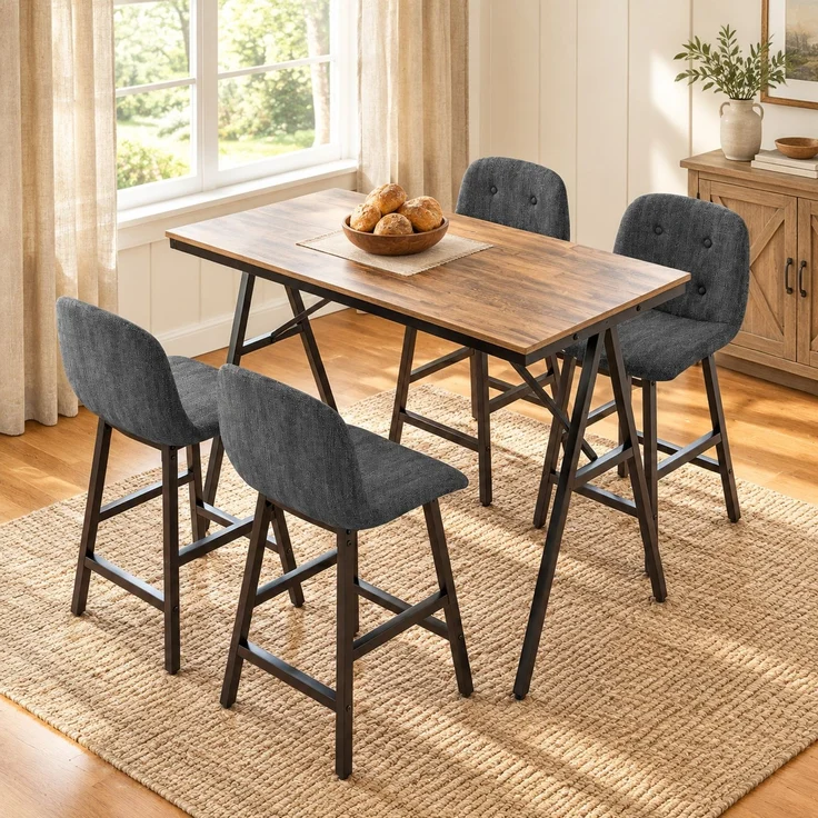Bargarnitur 5-teilig, Tisch 120x60x91 cm und 4 gepolsterte Barhocker in Dunkelgrau – Bild 1