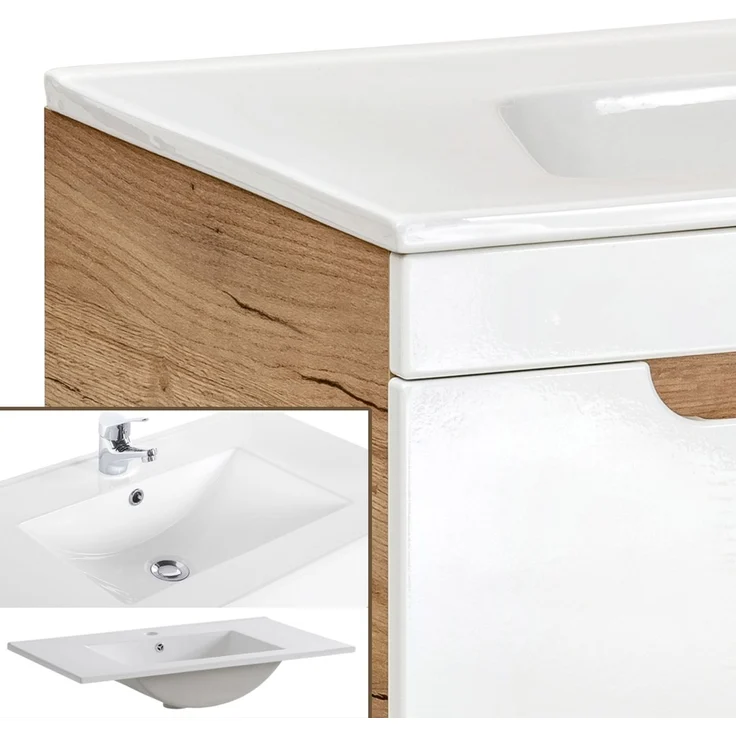 Badmöbel Set Hochglanz weiß, Wotan Eiche Nb. LUTON-56 mit Keramik-Waschtisch & LED-Spiegel, B/H/T ca. 130/200/46 cm – Bild 3