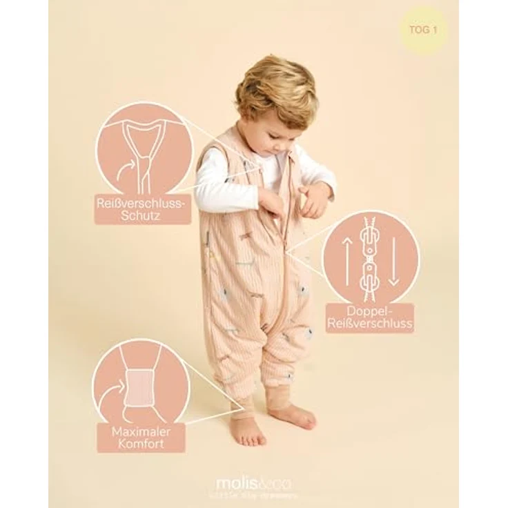 molis&co - Baby Schlafsack mit Füßen -Ideal für Frühling und Herbst - Babyschlafsack mit Beinen 1 tog - 100% Baumwolle (Oeko-TEX 100), Premium Qualität - Jungle (100 cm) – Bild 4