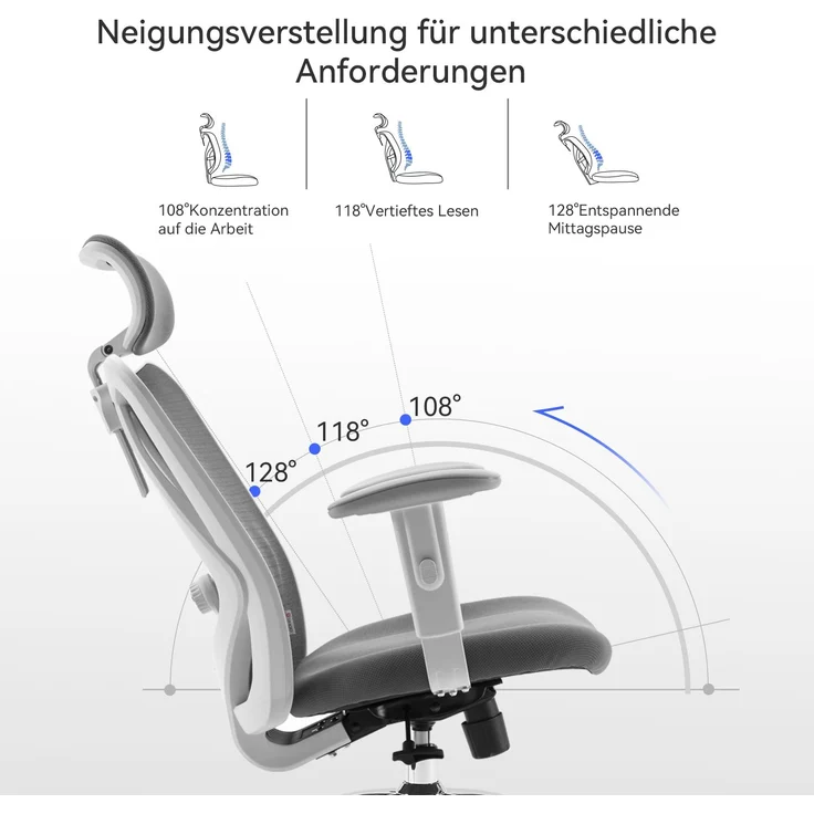 Sihoo Ergonomischer Stuhl M18, 130 x 74 cm, weißer Rahmen + graues Netzgewebe – Bild 3
