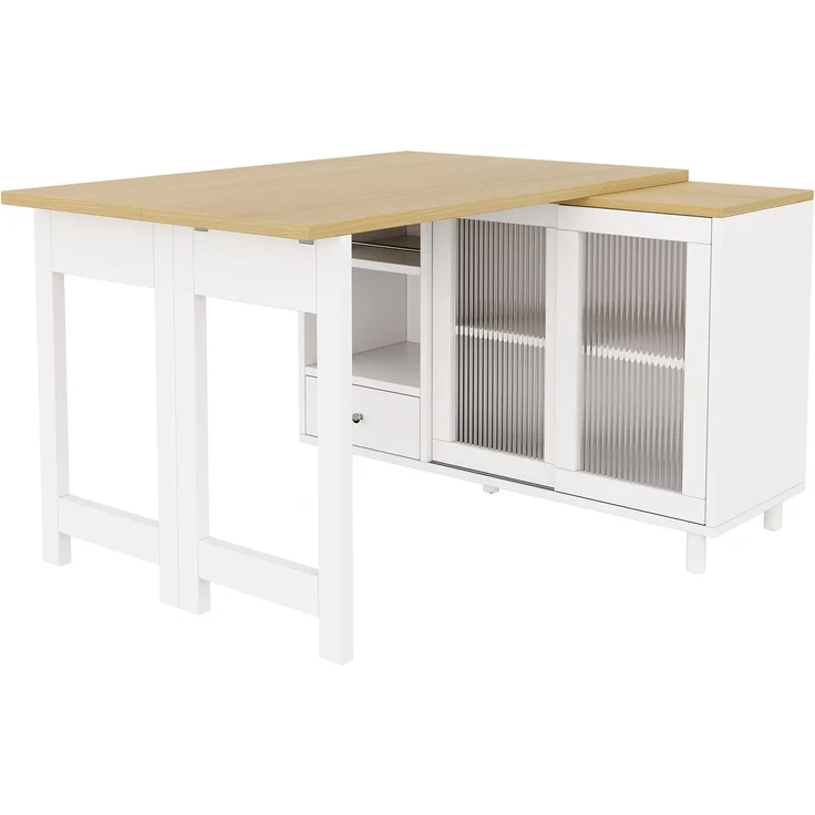 U-life Ausziehbarer, Moderner beweglicher Esstisch, Glastürpaneel, 360 drehbar, Produktfunktion, MDF, Weiß – Bild 10