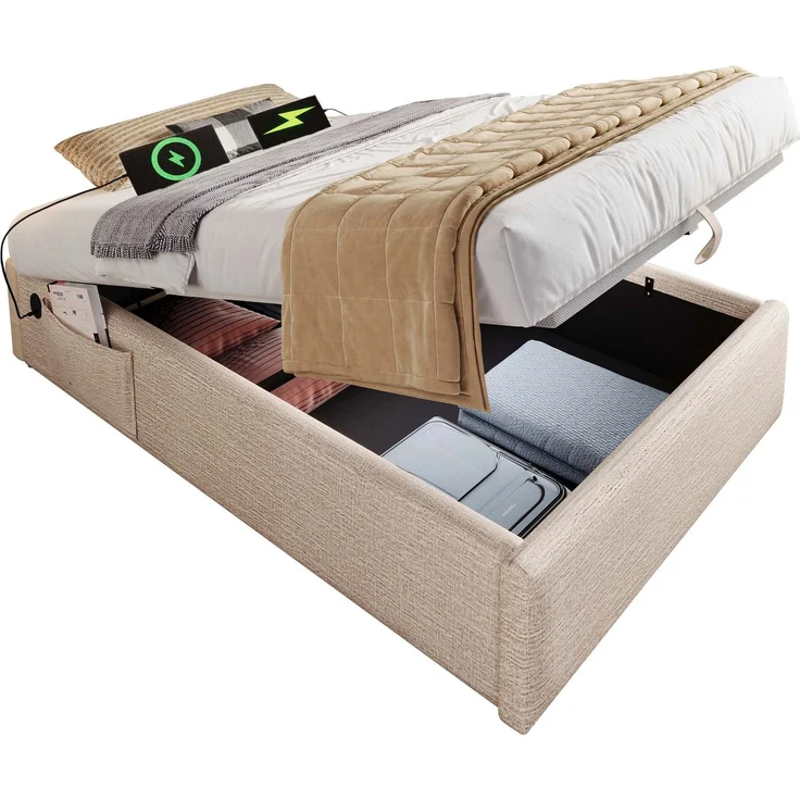 Polsterbett Einzelbett 90×190 cm, Struraumbett Bettgestell mit USB- C und Vollflächiger Lattenrost, Ohne Kopfteil, Leinen, Natürlich – Bild 10