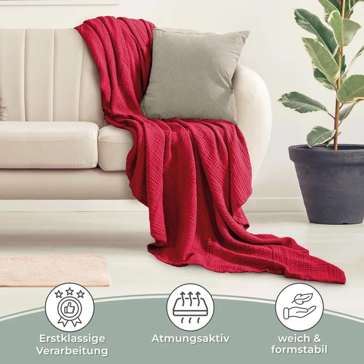 LAYNENBURG Premium Musselin Tagesdecke 220x240 cm XXL - 100% Baumwolle - extraweiche Baumwolldecke als Kuscheldecke, Bett-Überwurf, Sofa-Überwurf, Couch-Überwurf - warme Sofa-Decke (Bordeaux) – Bild 5