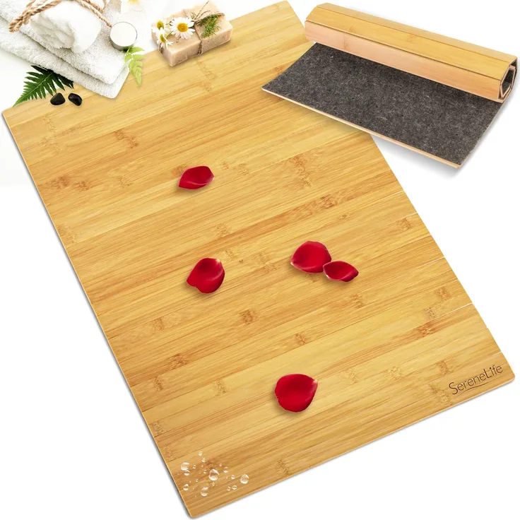 SereneLife Bambusmatte, 60x40 cm Bambusteppich, Badematte Holz mit Rutschfester Unterseite, Badeteppich faltbar & Rollbar, Badvorleger aus Holz für Badewanne, Dusche, Antirutschmatte Dusche