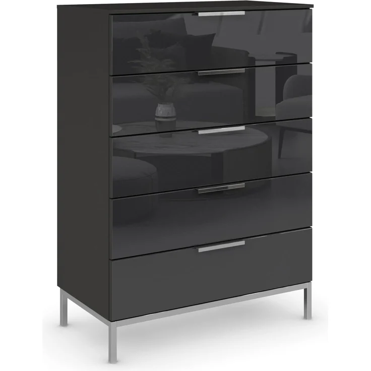 Rauch Möbel Flipp, Nachttisch für Schlafzimmer, Flur, Garderobe, 5 Schubladen, mit Softclose Funktion, Farbe Front Glas Schwarz, Breite 80 cm