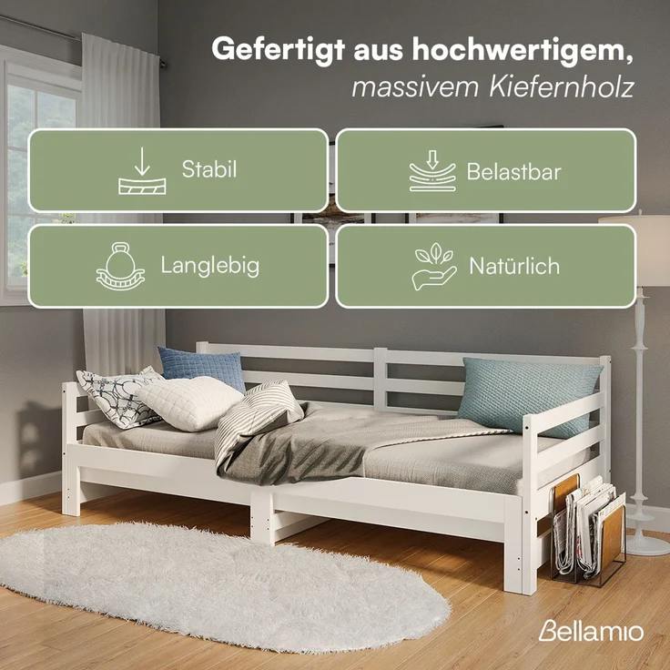 Bellamio 'Ayr' Tagesbett inkl. Lattenrost, 90x200/180x200 cm, Massivholz Kiefer, weiß, mit ausziehbarem Gästebett – Bild 3