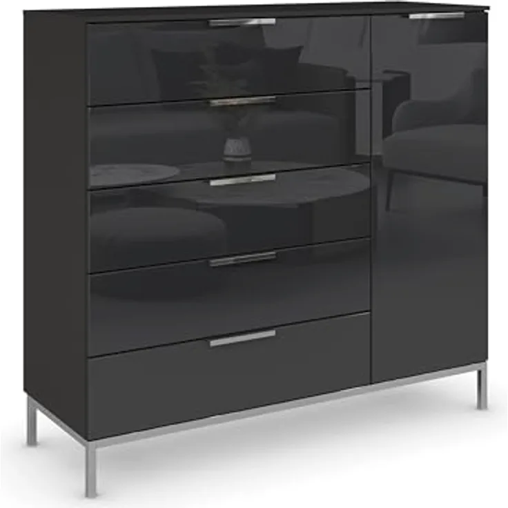 Rauch Möbel Flipp, Nachttisch für Schlafzimmer, Flur, Garderobe, 1-türig, 5 Schubladen, mit Softclose-Funktion, Farbe Front Glas Schwarz, Breite 120 cm