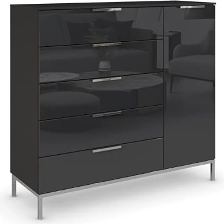 Rauch Möbel Flipp, Nachttisch für Schlafzimmer, Flur, Garderobe, 1-türig, 5 Schubladen, mit Softclose-Funktion, Farbe Front Glas Schwarz, Breite 120 cm – Bild 1