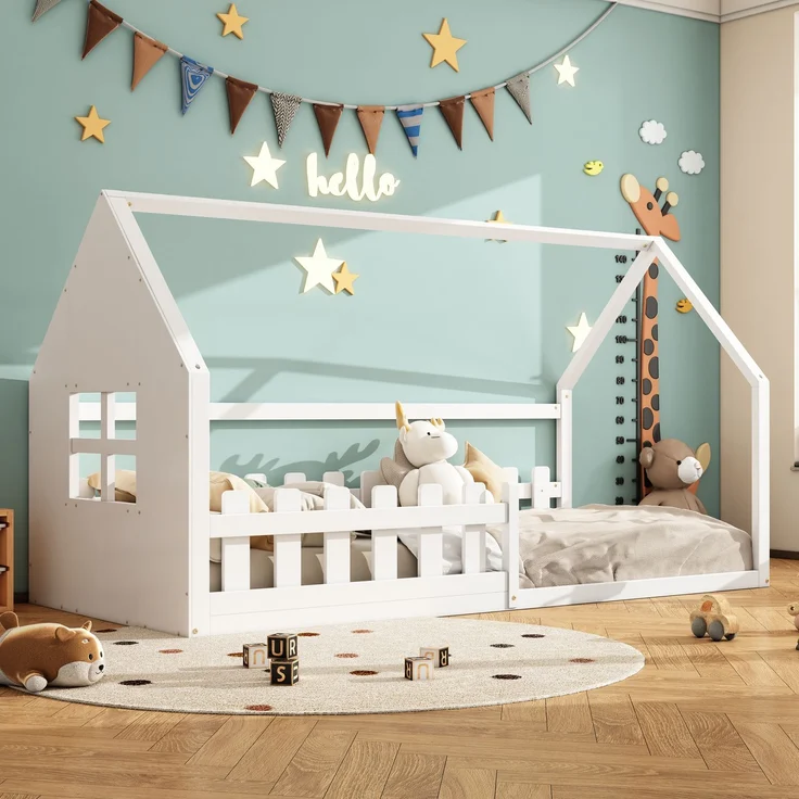 Kinderbett 90x200 cm in Hausform, Weiß Jugendbett aus Kiefer & MDF, stabiles Hausbett für Mädchenzimmer – Bild 3