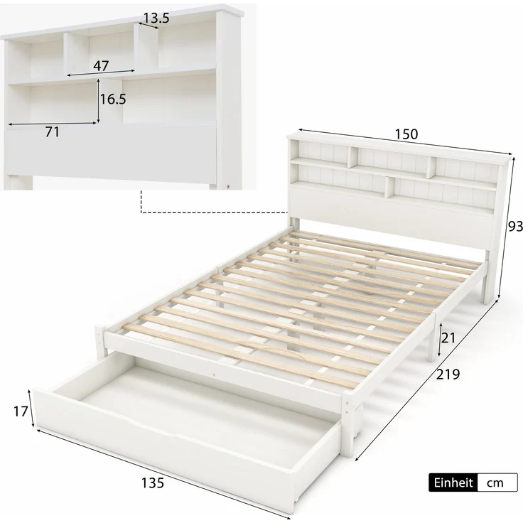 Massivholz-Bett mit Bücherregalkopfteil & Rollschubladen, 140x200 cm, Weiß, ohne Matratze – Bild 6