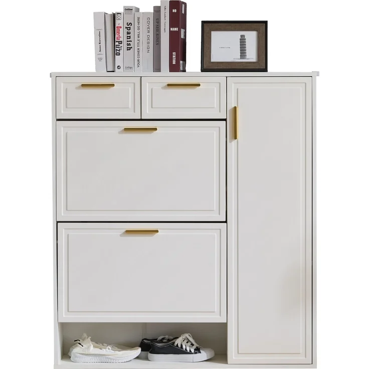 Merax Moderne Schuhschrank, mit verstellbaren Regalen, goldenen Griffen, Schubladen, Klappschuhschrank und Türen, weiß, B95/D24/H107.5 – Bild 10