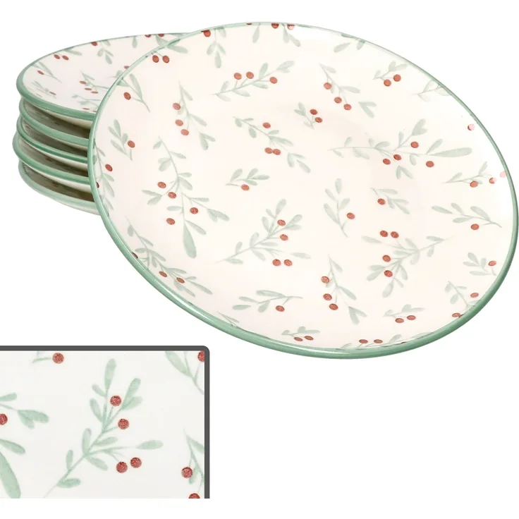 6x Holly Kuchenteller Steingut 6 Personen Dessertteller Weihnachten Mistelzweig