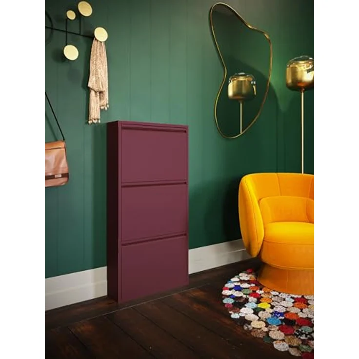 Kare Design Schuhschrank Caruso, Beere, 104 x 50 x 15 cm, Schuhablage, Schuhkipper, Schuhregal, mit 3 Klappen, für 6 Paar Schuhe, Stahl, Schmal, Platzsparend, Hoch, Eingangsbereich – Bild 2