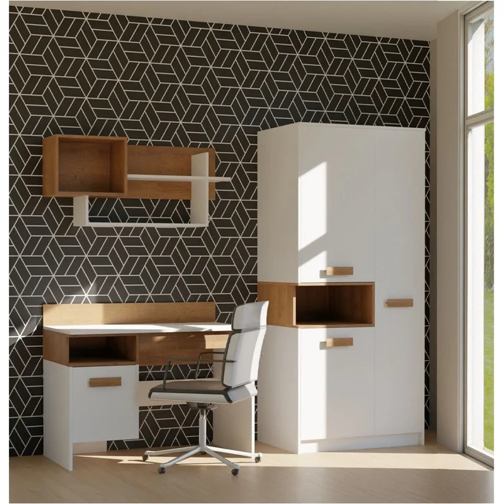 Marmex Möbel Grant Set-I Jugendzimmer-Set 3-teilig mit Kleiderschrank mit Kleiderstange, Schreibtisch, Wandregal, Kinderzimmermöbel mit Schreibtisch, laminierte Spanplatte, Kleiderstange, weiß+riviera Eiche, 198x195x55 cm – Bild 6