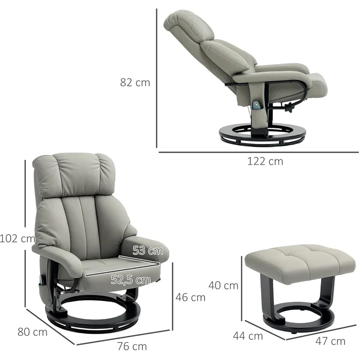 HOMCOM Massagesessel Relaxsessel mit Fußhocker (Fernsehsessel, 2-St, Elektrischer Liegesessel mit Fernbedienung), mit Seitentasche, Kunstleder, Grau – Bild 3