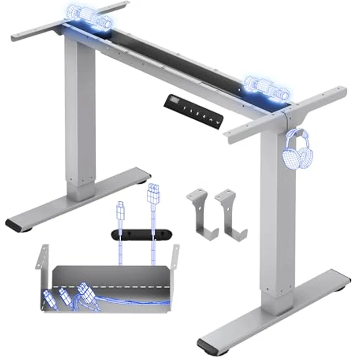 FLEXISPOT Höhenverstellbarer Schreibtisch Gestell, Elektrisch Tischbeine mit 2 Motoren & LED-Höhenanzeige & 4 Speicherfunktionen, inkl. 2 Haken & Kabelmanagement, Grau – Bild 1