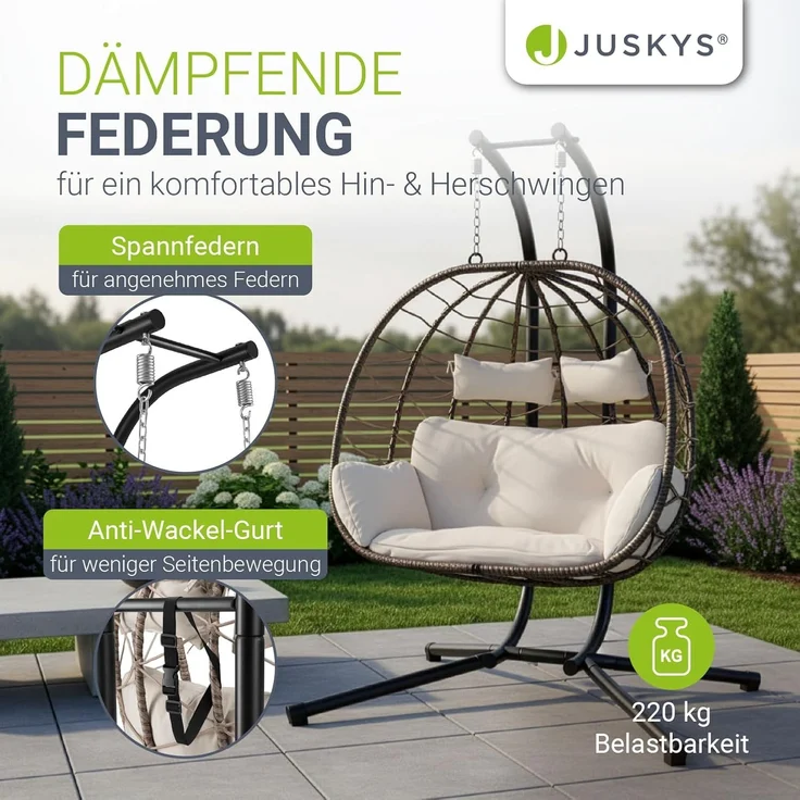 Juskys Doppelhängesessel Aria - Polyrattan Hängesessel mit Gestell & Kissen - Schaukel für zwei Personen - Outdoor Indoor Sessel - XXL Korb Beige – Bild 6