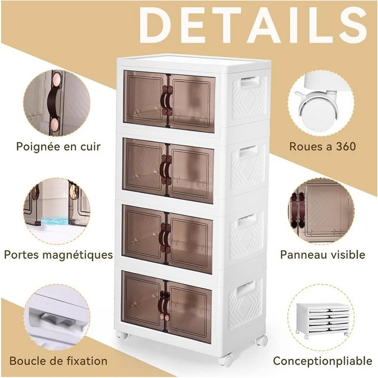 BlingBin Aufbewahrungsbox Faltbare Aufbewahrungsboxen 4er Set mit Deckeln, Türen und Rollen (4er Set, 4 St, 50 × 30 × 112.5 cm), platzsparender Organizer für Wohnzimmer, Küche und Schlafzimmer – Bild 2