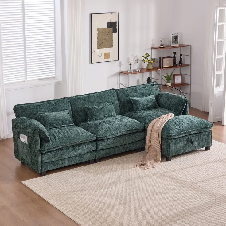 LVHOM 3-Sitzer Sofa mit Hocker, L-Form Ecksofa mit Stauraum, Modulares Sofa mit USB-C-Anschluss, Handyhalter und Seitentaschen, weiche Chenille-Stoff, Couchgarnitur, Grün – Bild 10
