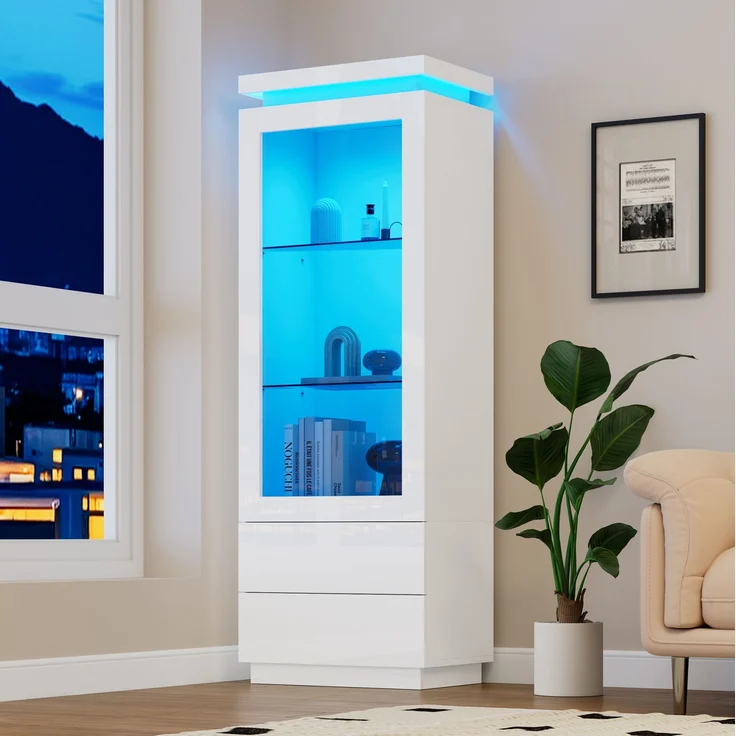 DESVIAE Vitrine mit 2 Schubladen und LED-Beleuchtung 60x171x40 cm Spanplatte Weiß – Bild 2
