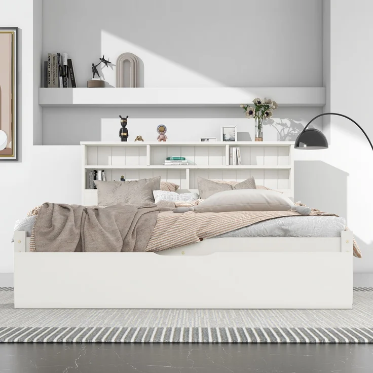 Massivholz-Bett mit Bücherregalkopfteil & Rollschubladen, 140x200 cm, Weiß, ohne Matratze – Bild 3