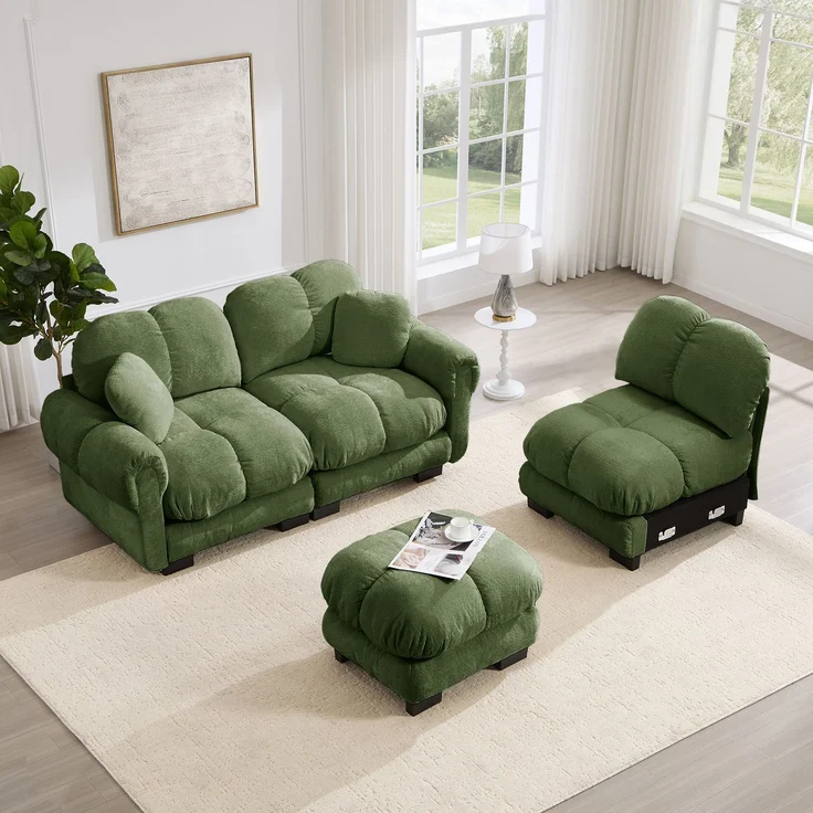 EINHOM 3-Sitze L-förmiges Cloud Sofa, inklusive mobiler Ottomane und 2 kleinen Dekokissen, Feines Steppdesign, Dicke Sitzkissen, Weich und Stützend, Einfach Aufzubauen, geeignet für das Wohnzimmer, grün – Bild 5