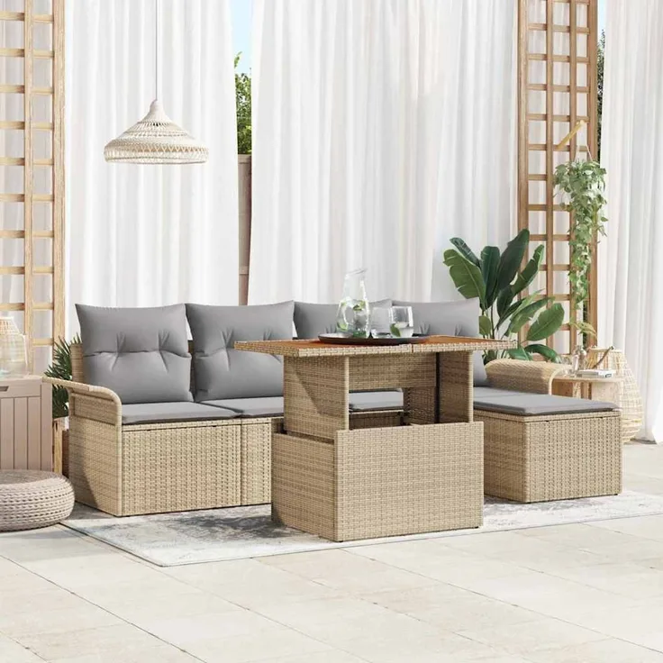 vidaXL Garten-Sofa-Set mit Speicher 6 pcs Beige Poly Rattan 3358058