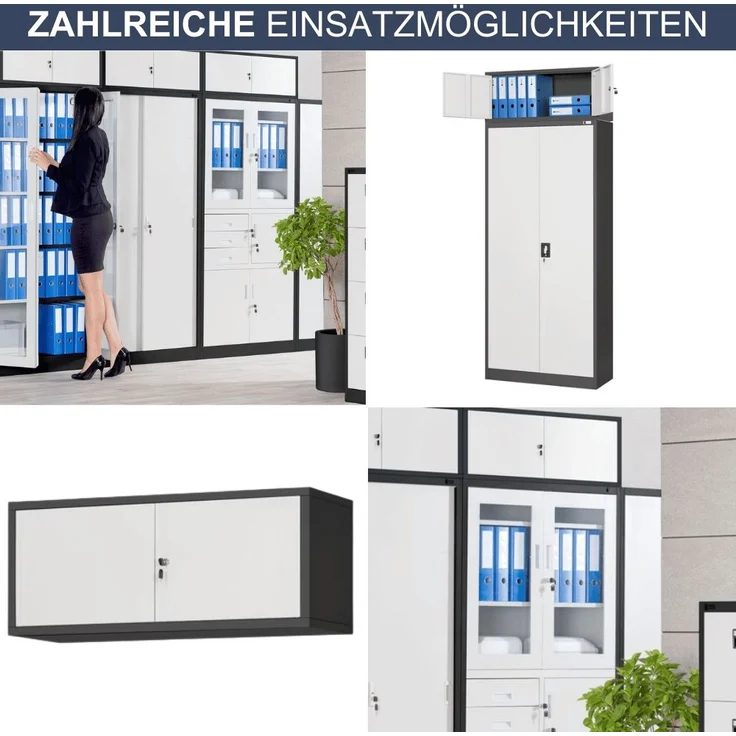 Schrankerweiterung Aktenschrank mit 2 Flügeltüren | Zusatzschrank für Büroschrank Extraschrank Stahl Mehrzweckschrank klein Werkstatt, 38x90x40cm Anthrazit-Weiß – Bild 6