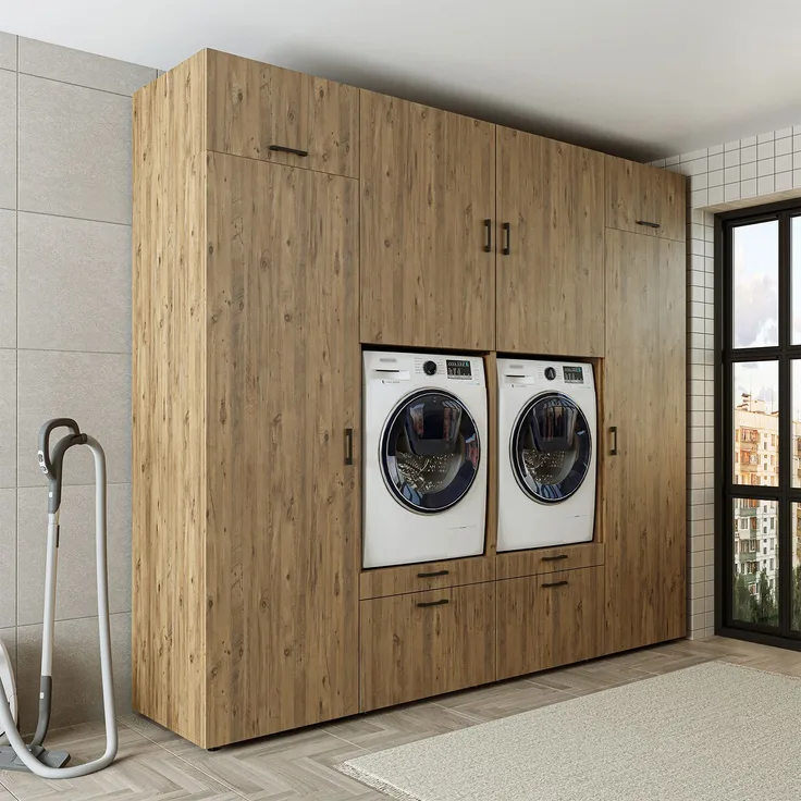 Roomart Waschmaschinenschrank SERIE 2 – 254 cm breit, Doppelschrank mit Seitenschränken, • Eiche