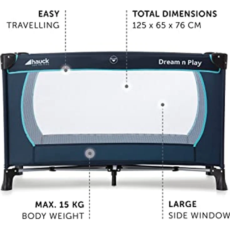 Hauck 'Dream’n Play Plus' Reisebett 3-teilig 120x60 cm, ab Geburt bis 15 kg, inkl. Tragetasche, Einlageboden und Schlupf (faltbar, tragbar, leicht & kippsicher), navy/aqua – Bild 8