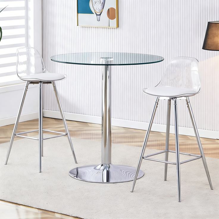 Esstisch-Set mit rundem Glastisch 92x89x89 cm und 2 Barhockern, Silber/Transparent