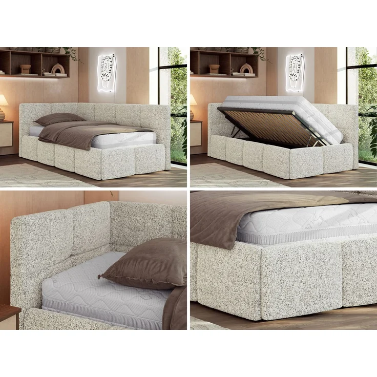 Jugendbett 90x200 ARVO Polsterbett mit Bettkasten, Stauraum & Gasdruckfeder, Modernes Design mit Kopfteil, Multipocket Matratze - Beige Strukture - ELORI LUX - Links Seite – Bild 2