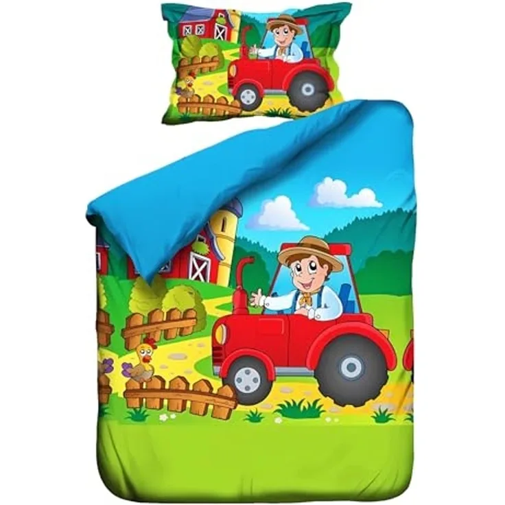 JACK Babybettwäsche 100x135 cm Traktor Bauer Feld, Renforcé, 2 teilig, Babybettwäsche, fröhlicher Farmer, Reißverschluss